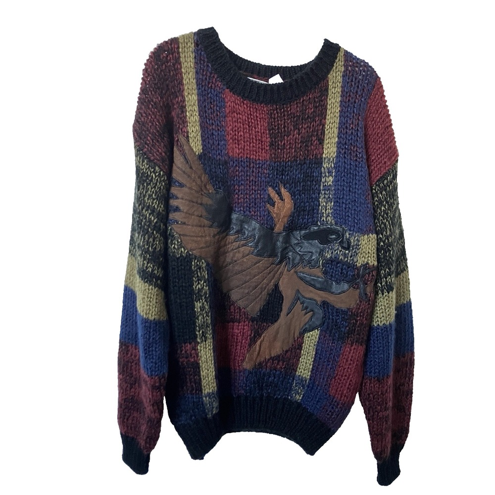 Vintage Luciano Divanni Eagle Applique Knit Sweater Mens Medium Multicolor 90s